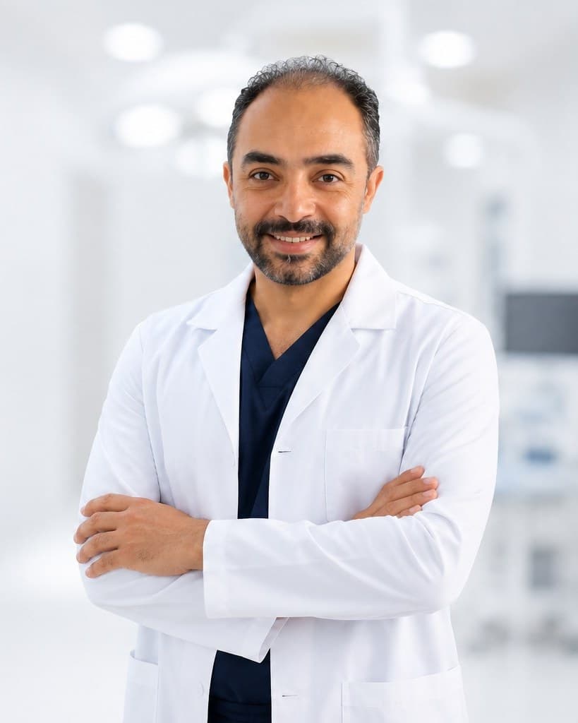 A surgeon in a white coat in a modern clinic