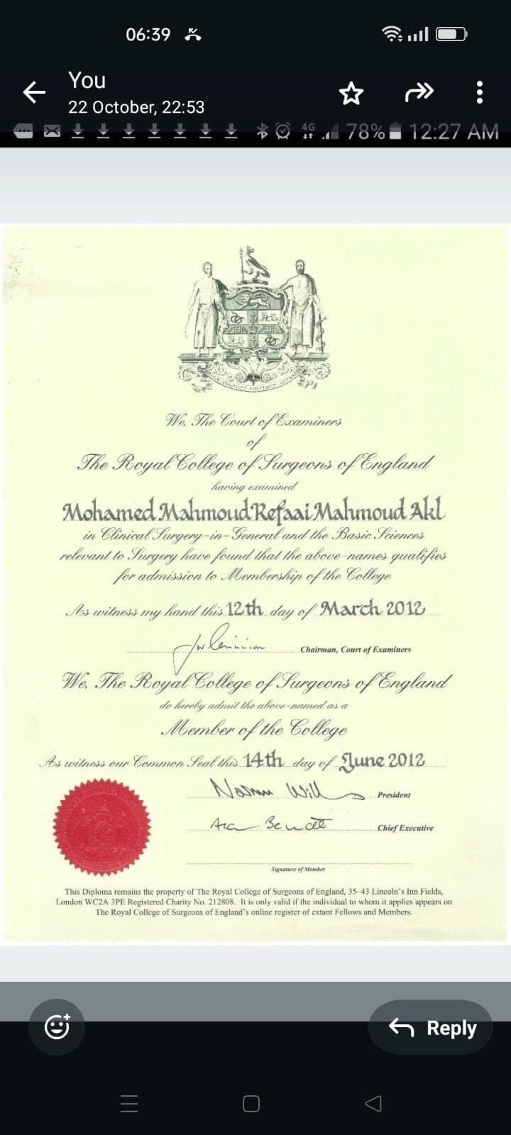 Membership of the Royal College of Surgeons of England