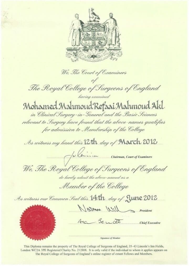 Membership of the Royal College of Surgeons of England